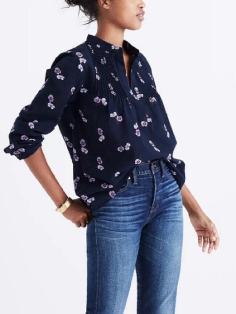 Madewell Pansy Bouquet Pin Tuck Top Size S Navy Blue Floral Peasant Blouse